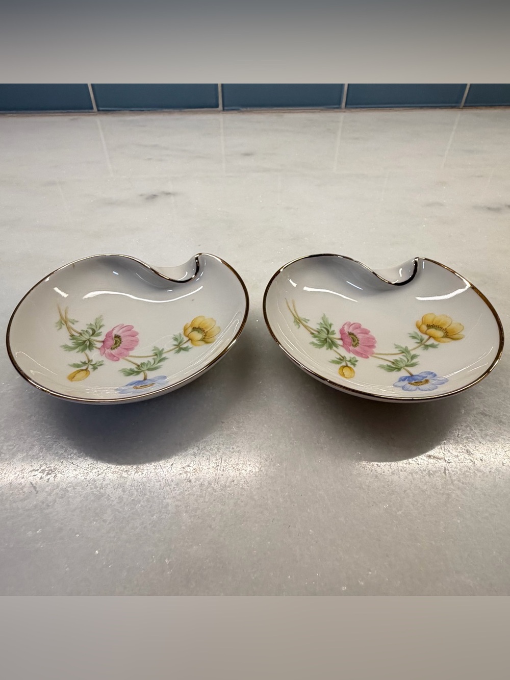 Porcelain Floral Trinket Dishes in Pink, Yellow & Blue with Gold Trim